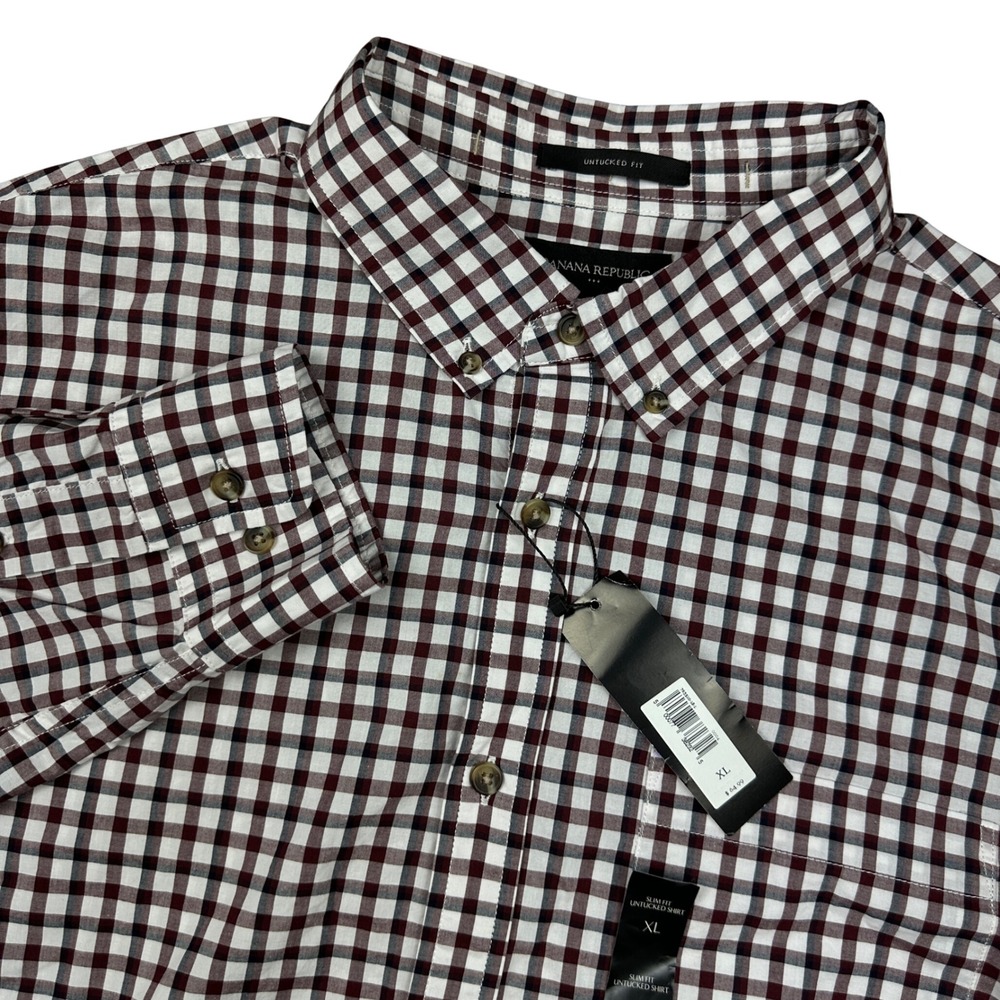 Banana Republic Mens XL Untucked Slim Fit Organic Cotton Gingham Shirt Burgundy